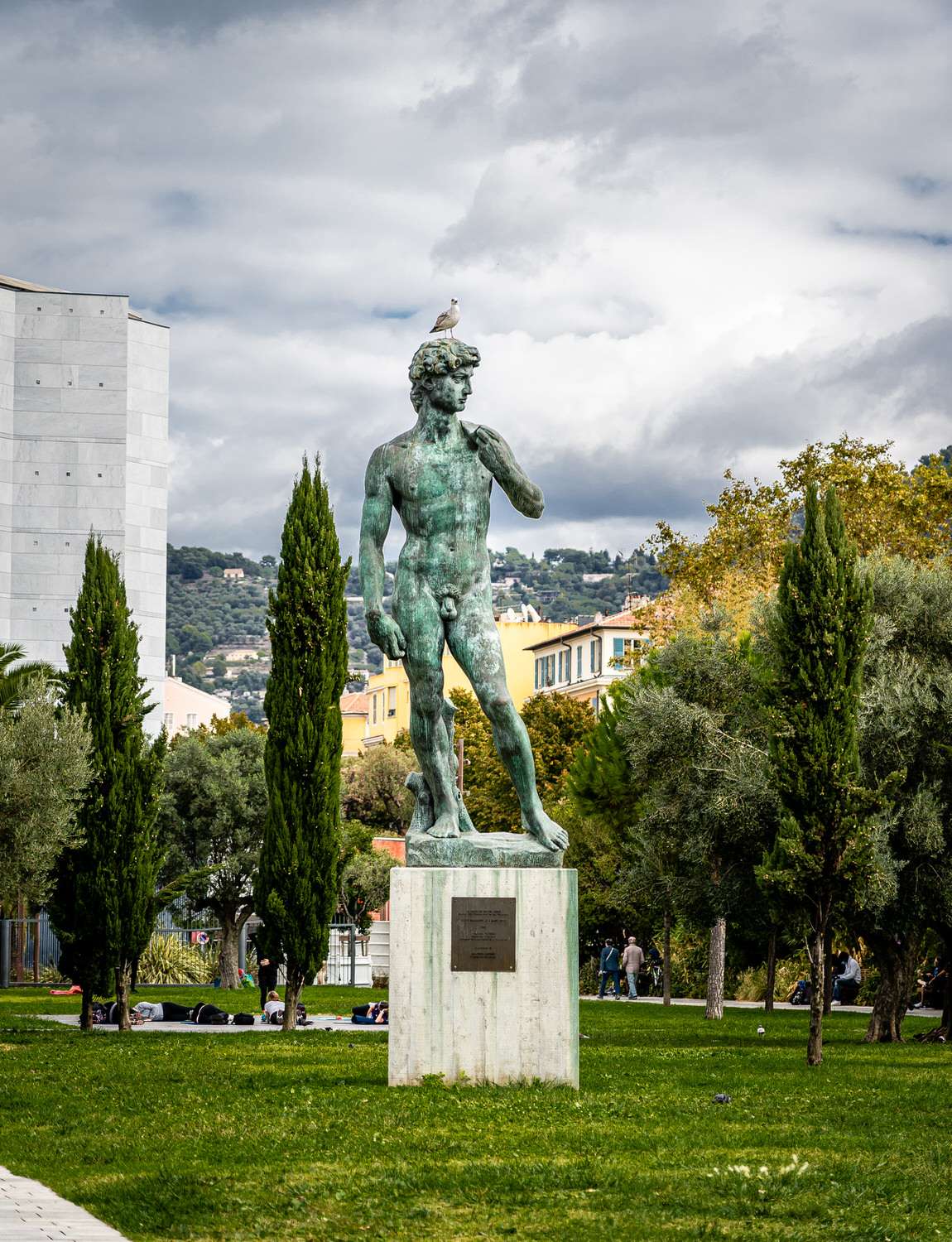 Bird on Statue of David in Nice, France